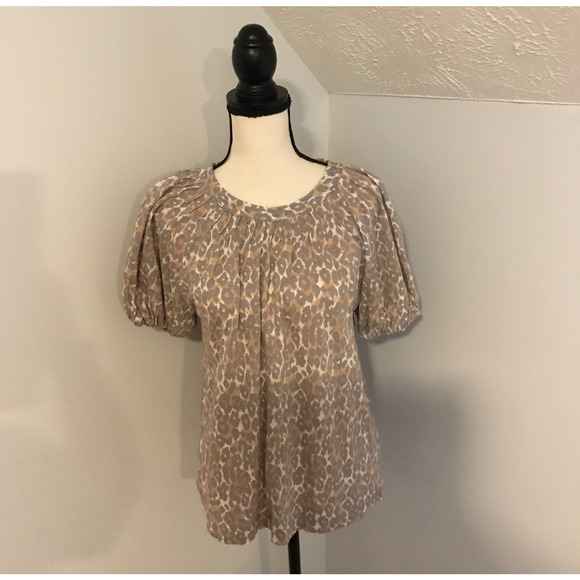 Anthropologie Maeve Leopard Print Puff Sleeve 100% Linen Top - Small - Picture 1 of 8